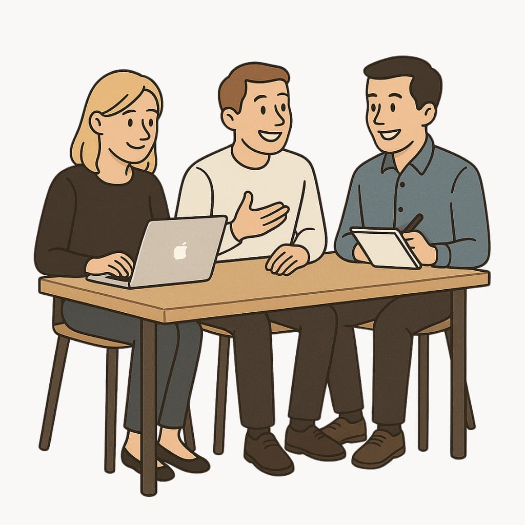 Cartoon of three coworkers talking at a wooden table, one typing on a laptop and one holding a tablet and pen